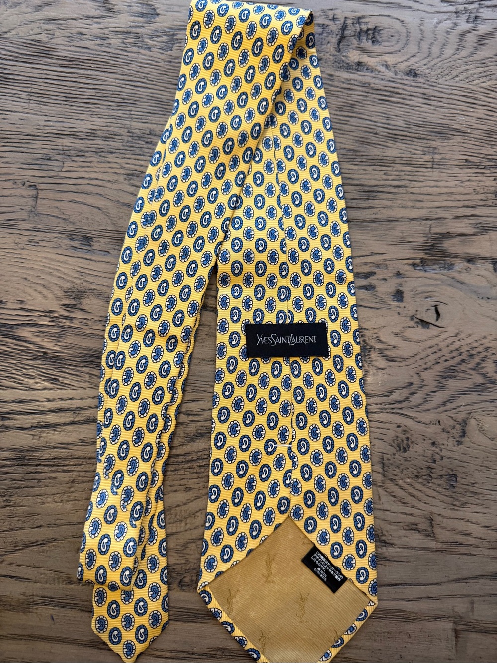 Yves Saint Laurent Yellow Silk Tie with Blue and White Medallions